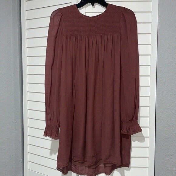 Wilfred Aritzia Babydoll Smocked Mini Dress size S Burgundy Crew Neck - Picture 13 of 13
